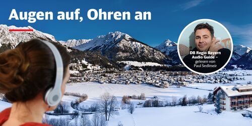 Collage mit verschneitem Oberstdorf, Frau mit Kopfhörer und Bild von Paul Sedlmeir