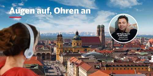 Collage mit München Stadtbild, Frau mit Kopfhörern und Bild von Paul Sedlmeier
