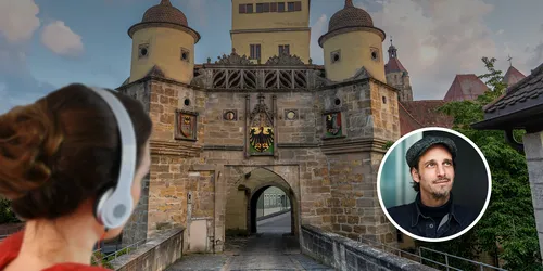 Collage mit Weißenburg, Frau mit Kopfhörern und Bild von Max von Thun