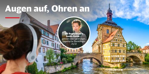 Collage von Rathaus Bamberg mit Frau mit Kopfhörern und Bild von bayerischer Bierkönigin