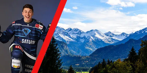 Splitscreen mit ERC Ingolstadt Spieler und Bergpanorama