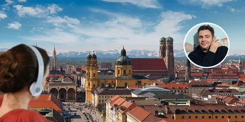 Collage mit München im Hintergrund, Frau mit Kopfhörer und Bild von Paul Sedlmeir