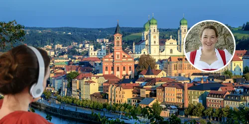 Collage mit Passau im Hintergrund, Frau mit Kopfhörer und Bild von Barbara Bauer