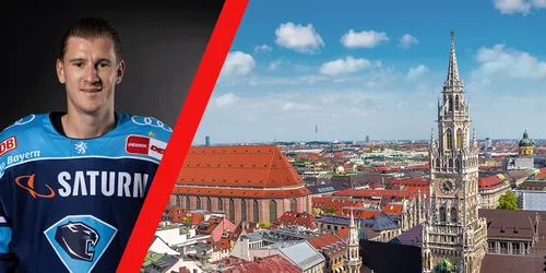 Splitscreen mit ERC Ingolstadt Spieler und Luftaufnahme von München