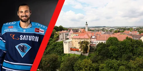 Splitscreen mit ERC Ingolstadt Spieler und Luftaufnahme von Dachau