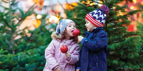 Kinder mit kandierten Weihnachtsäpfeln vor Tanne