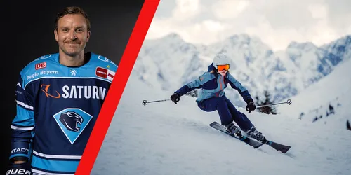 Splitscreen mit ERC Ingolstadt Spieler und Skifahrer bei Skiabfahrt