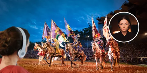 Collage von Reitern bei mittelalterlichem Turnier, Frau mit Kopfhörern und Bild von Lena Meckel