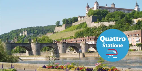 Mainkai, Festung Marienberg und das Logo der Artikel-Serie "Quattro Statione"