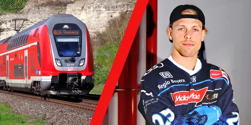 Ein Splitscreen Bild mit einer S-Bahn und einem Eishockeyspieler