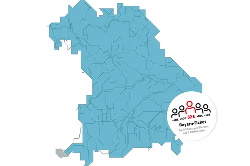 Man sieht eine Karte von Bayern mit dem groben Zugstreckennetz