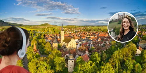 Collage mit Iphofen im Hintergrund, eine Frau mit Kopfhörern und einem Bild von Lisa Lehritter, der Fränkischen Weinkönigin 2024