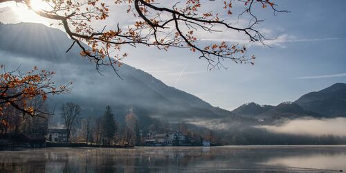 Kochelsee bei Sonnenschein und Nebel