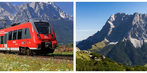 Splitscreen DB Regio Zug vor Bergpanorama und Zugspitze