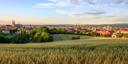 Grüne Wiese, blauer Himmel und die Stadt Bamberg im Hintergrund